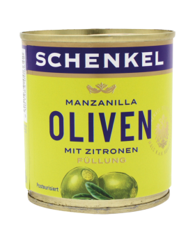 Schenkel Oliven Manzanilla gruen, mit Zitronen Fuellung, aus Spanien, 85g Abtropfgewich